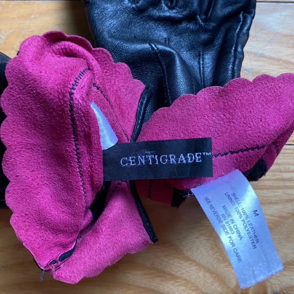 Genuine Leather Notched Black and Fuchsia Hot Pink Ladies Gloves